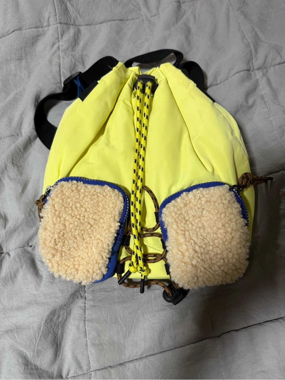 Zara Neon Yellow Puffer Backpack with Cream Sherpa Pockets and Blue Trim